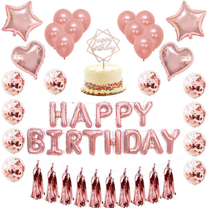 [51 PACK] Globos de Cumpleaños Rosa Metálico de Fiesta para Niña o Niño | Incluye: Letrero Happy Birthday + Globos Metálicos + Globos con Confetti + Decoración de pastel + Guirnaldas rosa + Listón