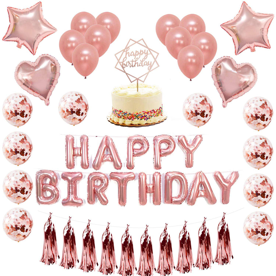 [51 PACK] Globos de Cumpleaños Rosa Metálico de Fiesta para Niña o Niño | Incluye: Letrero Happy Birthday + Globos Metálicos + Globos con Confetti + Decoración de pastel + Guirnaldas rosa + Listón