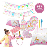 Juego de suministros de fiesta temática de unicornio – 16 – 146 piezas – perfecto para niñas cumpleaños y primer cumpleaños – BONUS Happy Birthday Banner y mantel – Platos de fiesta, tazas y servilletas