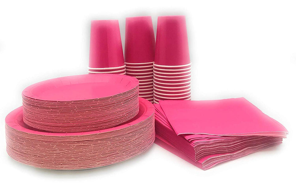 Serves 50 | Paquete completo de fiesta | Rosa | Platos de papel de cena de 9 pulgadas | Platos de papel de postre de 7 pulgadas | 9 oz tazas | 3 capas servilletas | Rosa/Baby Shower Party Tema