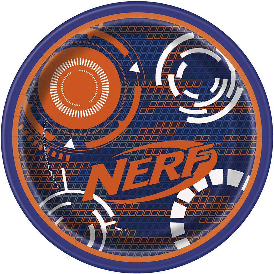 Nerf - Juego de 8 servilletas para fiestas de cumpleaños con platos para el almuerzo, platos de postre, servilletas para el almuerzo, vasos
