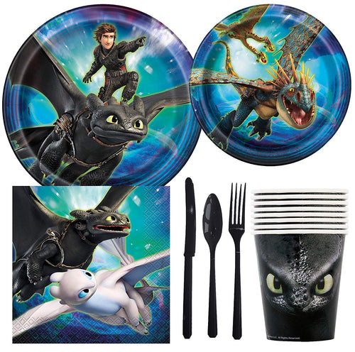 Paquete de suministros para fiestas de cumpleaños con diseño de dragón (incluye platos para tartas y almuerzos, cubiertos, tazas, servilletas (8 invitados)