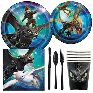Paquete de suministros para fiestas de cumpleaños con diseño de dragón (incluye platos para tartas y almuerzos, cubiertos, tazas, servilletas (8 invitados)