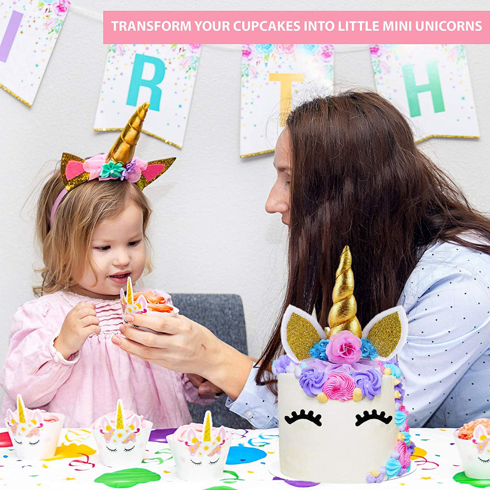 Bestus (29 unidades) Unicornio para decoración de tartas con pestañas, diadema, envoltorios para cupcakes y pancarta de cumpleaños/Unicornio para fiestas, para fiesta de cumpleaños, baby shower, decoración de fiesta para niños