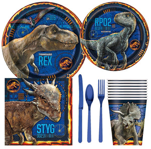 bashbox Jurassic World Dinosaurio fiesta de cumpleaños suministros Pack incluidos Pastel & Lunch Platos, Cubiertos, vasos y servilletas para 8 huéspedes