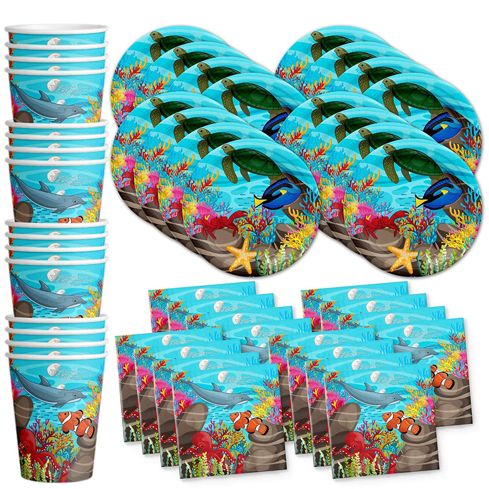 Ocean Sea Life Fiesta de cumpleaños suministros set Platos, vasos y servilletas Kit de Vajilla para 16